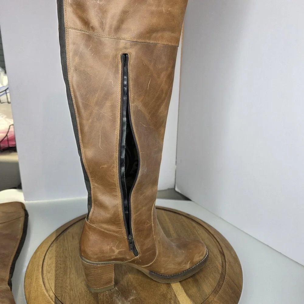 Fly London Over Knee-high Boots Sz 39 Us 8 Brown Leather Elastic Gusset Zipper